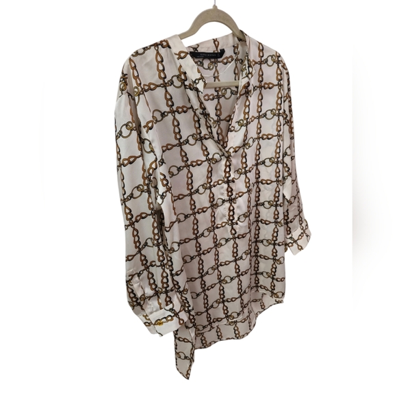 Zara Woman Chainlink Equestrian Tunic Shirt Blouse Cream Brown Size Large - Picture 3 of 13